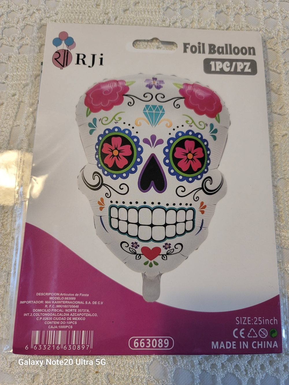 White Sugar Skull Foil Balloon - Colorful Day of the Dead Design 25 Inches.